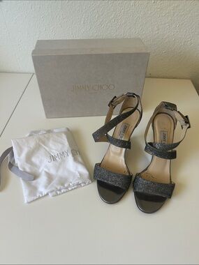 Jimmy Choo Black Glitter Strappy Ankle Sandals